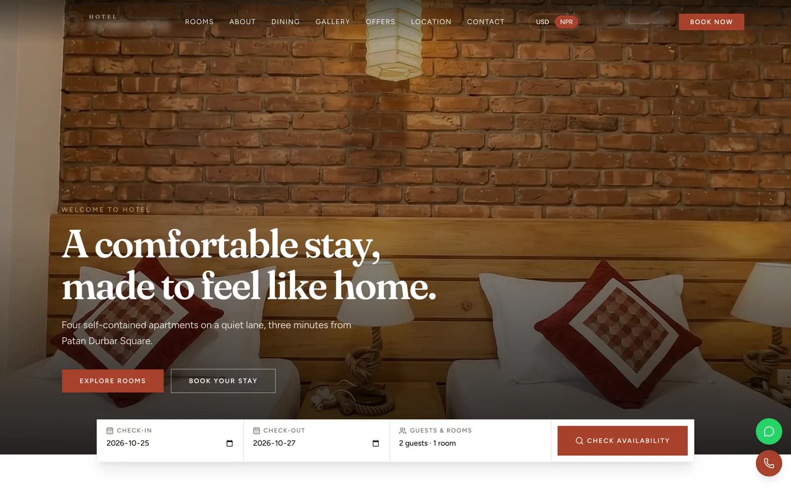 Homepage of a apartment hotel in Patan, Nepal, name blurred