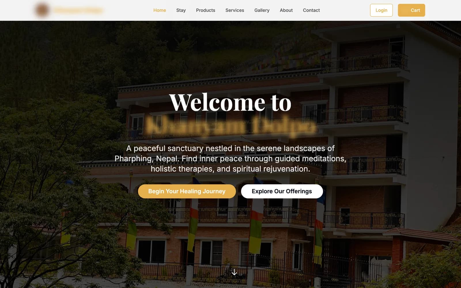 Homepage of a meditation and healing centre in Pharping, Nepal, name blurred