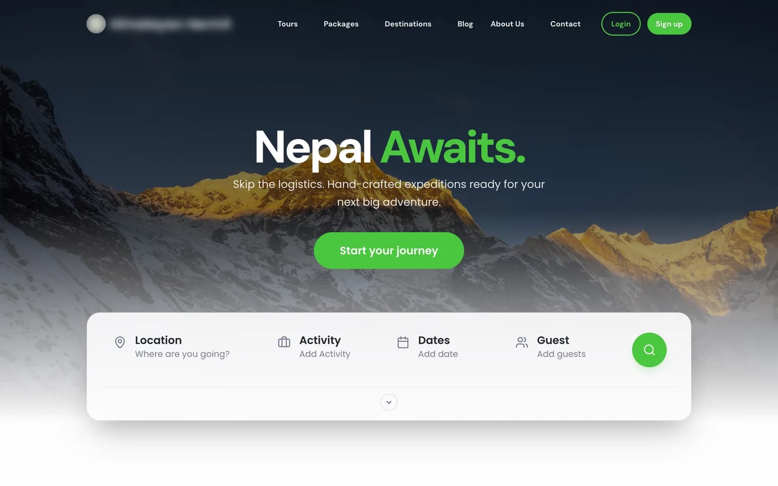 Homepage of a trekking and tour company in Nepal, name blurred